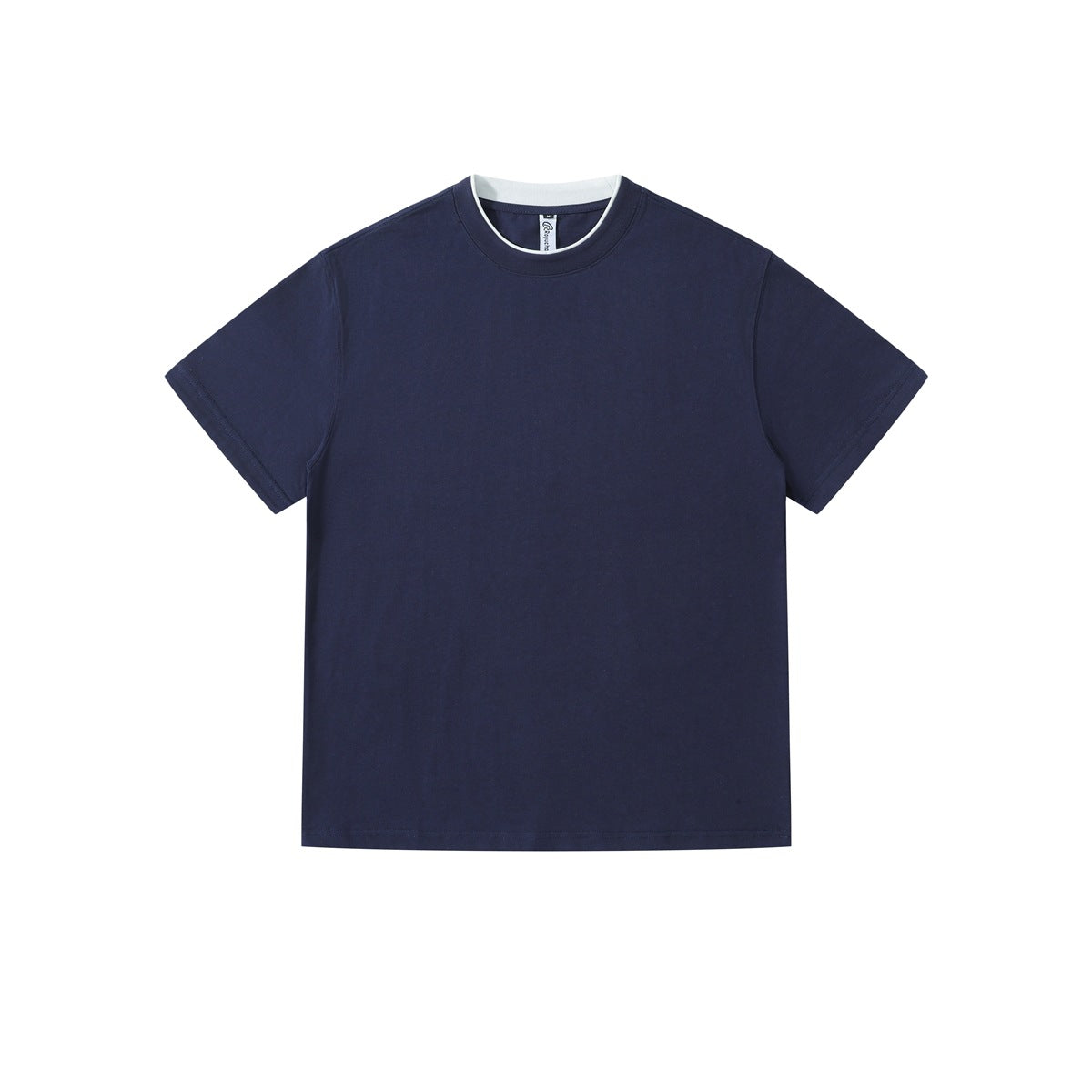 Navy short-sleeve crew-neck T-shirt with light layered inner collar, flat front view