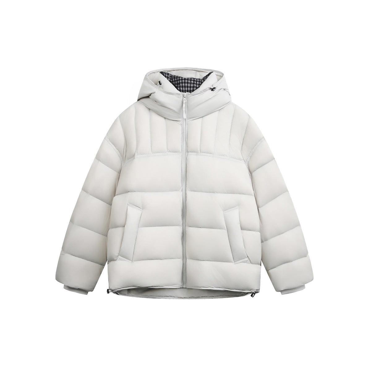 Light gray hooded puffer jacket, front view, with zipper, front pockets and checked hood lining