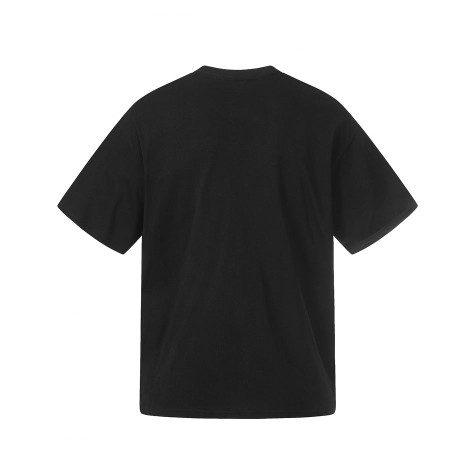 Back view of a plain black short-sleeve crew-neck T-shirt on a white background.