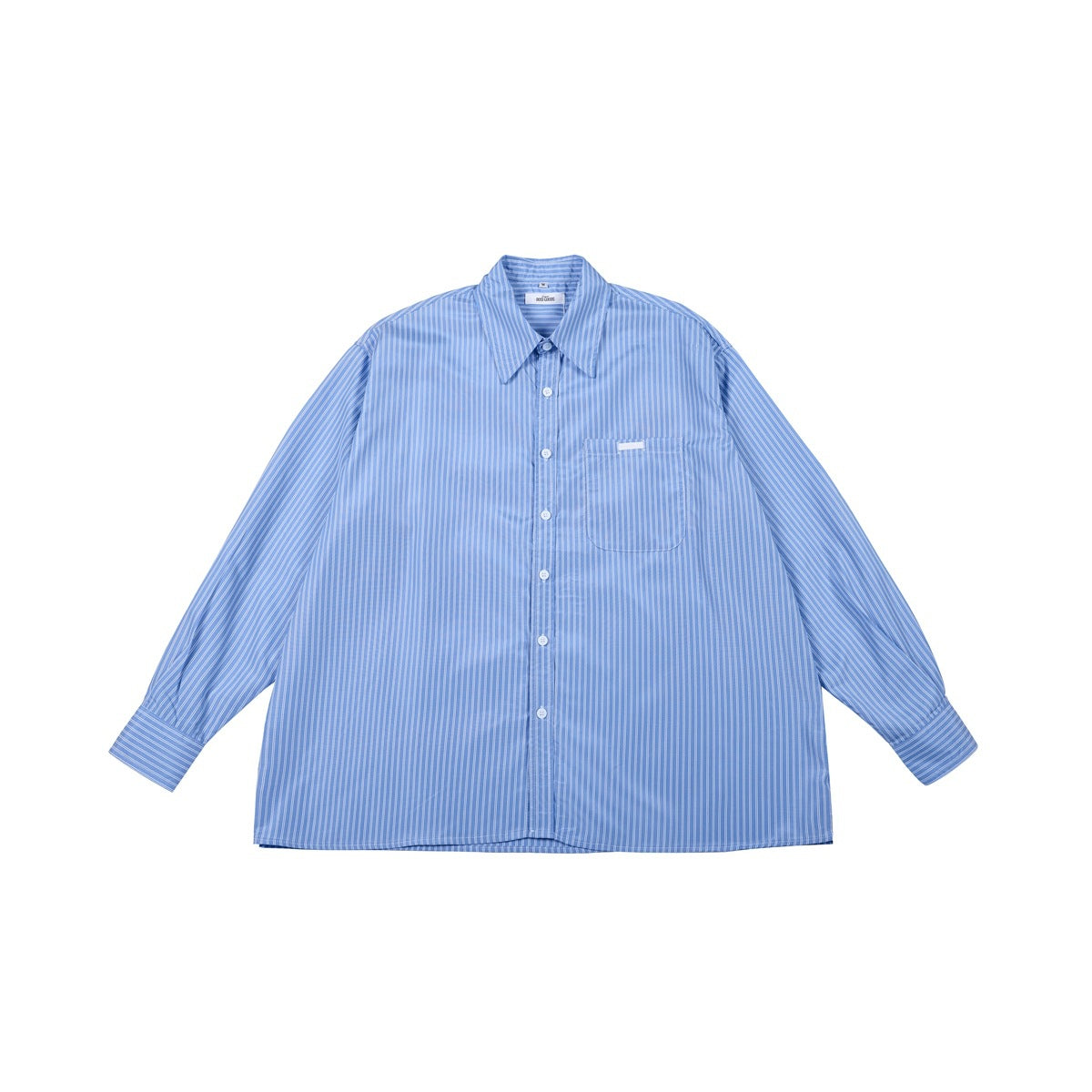 Blue and white striped long-sleeve button-up shirt with chest pocket, flat lay front view