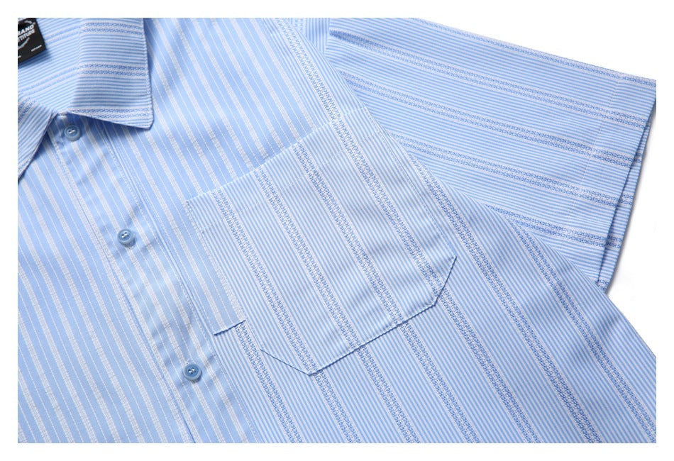 Laid-flat light blue striped button-up shirt showing its front buttons, chest pocket, and short sleeve.