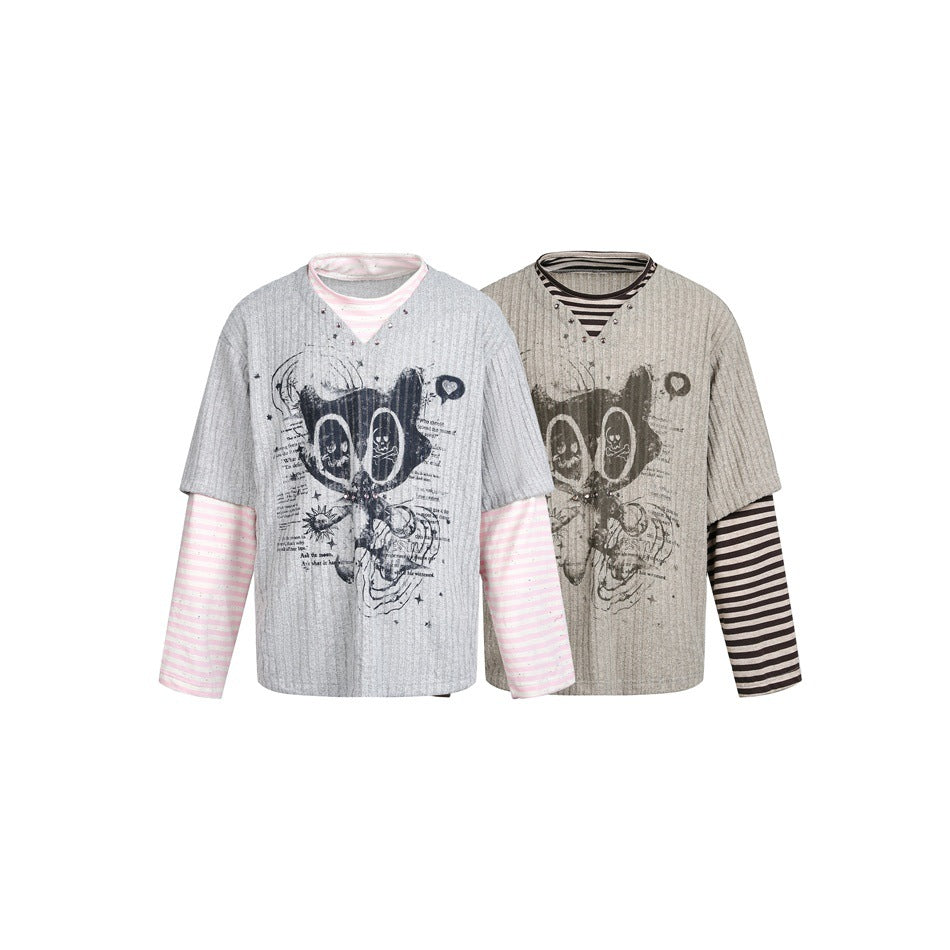 Two graphic V-neck tops: gray with pink striped sleeves and taupe with dark striped sleeves.