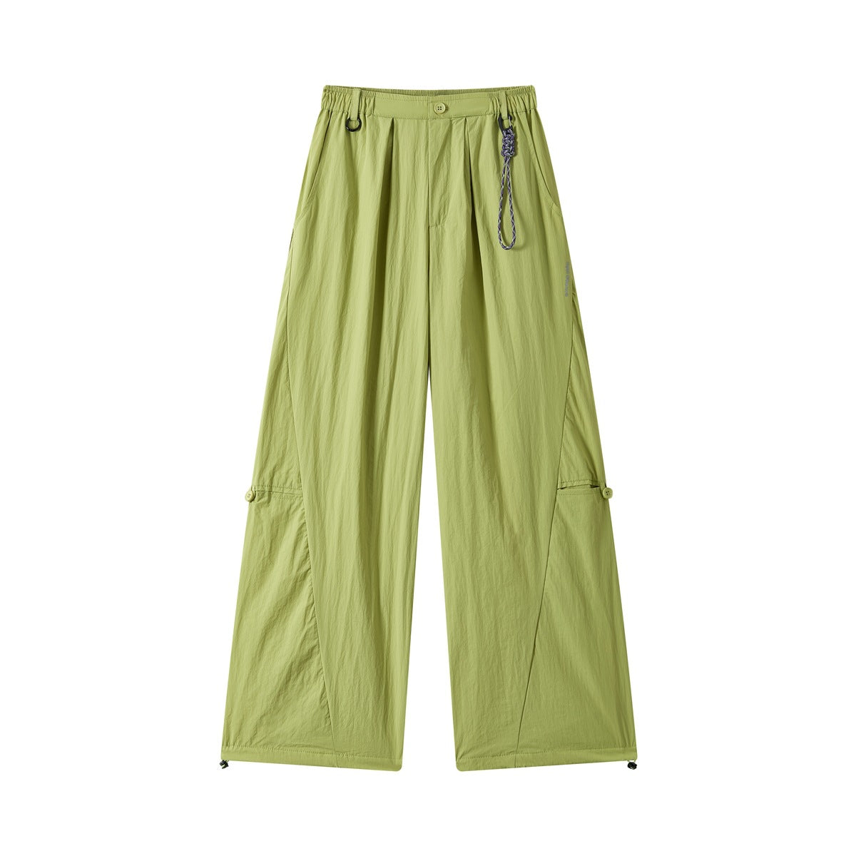 Green wide-leg pants, front view, with elastic waist, pleats, cord loop accent and drawcord hems