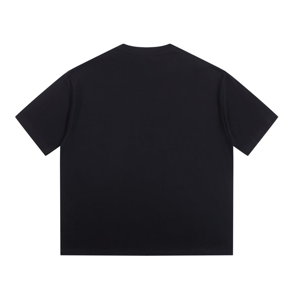 Back view of a plain black short-sleeve crew-neck T-shirt laid flat