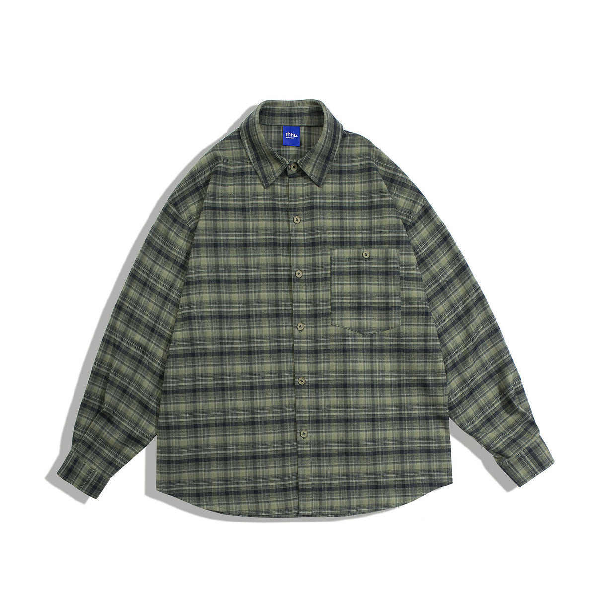Green plaid long-sleeve button-up shirt with chest pocket, flat lay front view