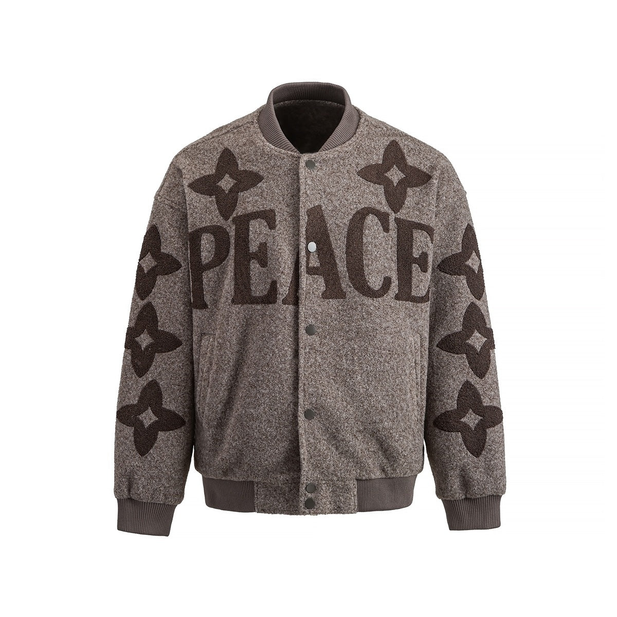 Light brown textured bomber jacket with snap front, ribbed collar and PEACE lettering with star appliqués, front view