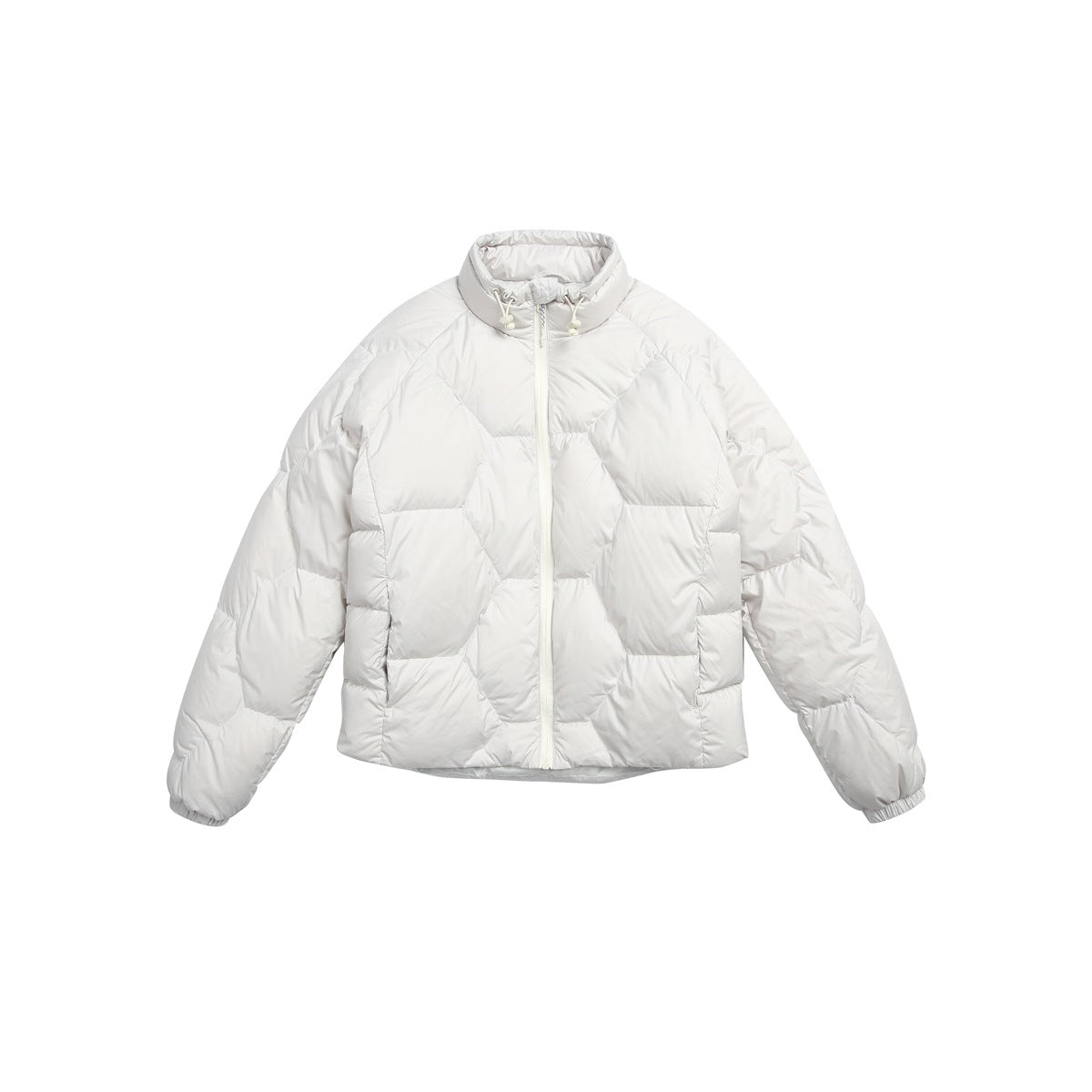 Off-white hexagon-quilted puffer jacket with stand collar, toggles and front zip, flat lay front view