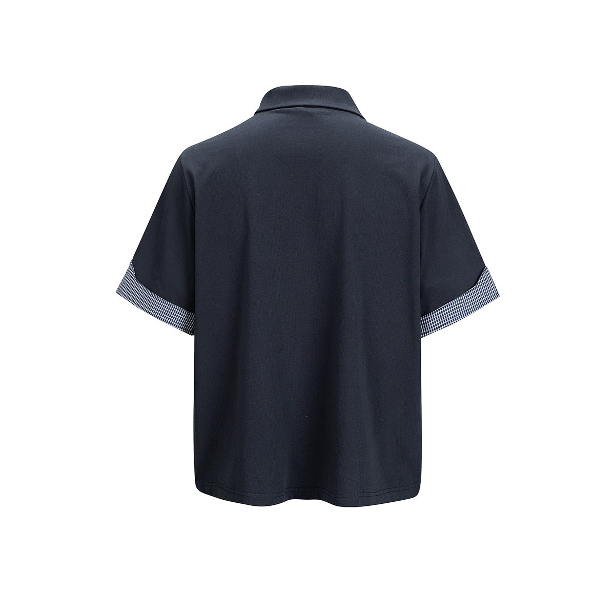 Navy short-sleeve top back view with folded collar and micro-check turned-back sleeve cuffs