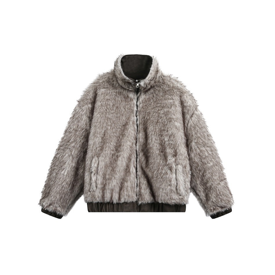 Front view of a gray-brown faux-fur jacket with a stand collar, front zipper, and black ribbed hem and cuffs.