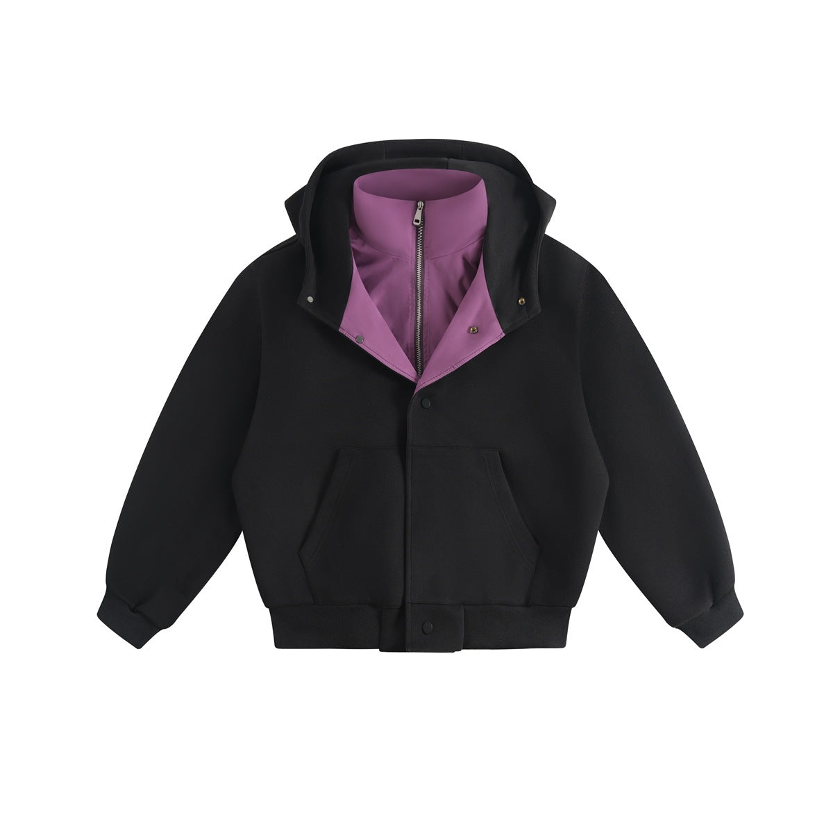 Black hooded jacket with purple zip stand-collar insert, snap placket, front pockets and ribbed cuffs, flat front view