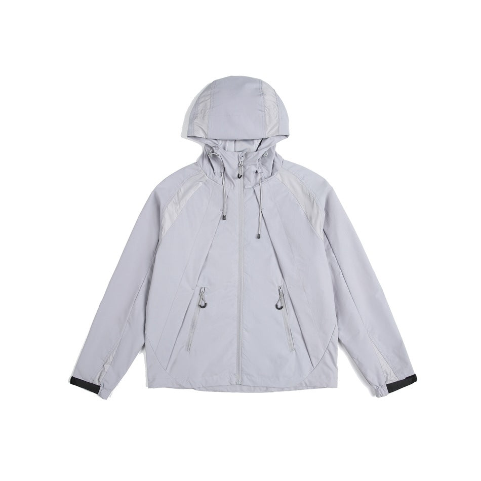 Light blue-gray hooded zip jacket flat lay with lighter contrast panels, drawcords and zippered chest pockets