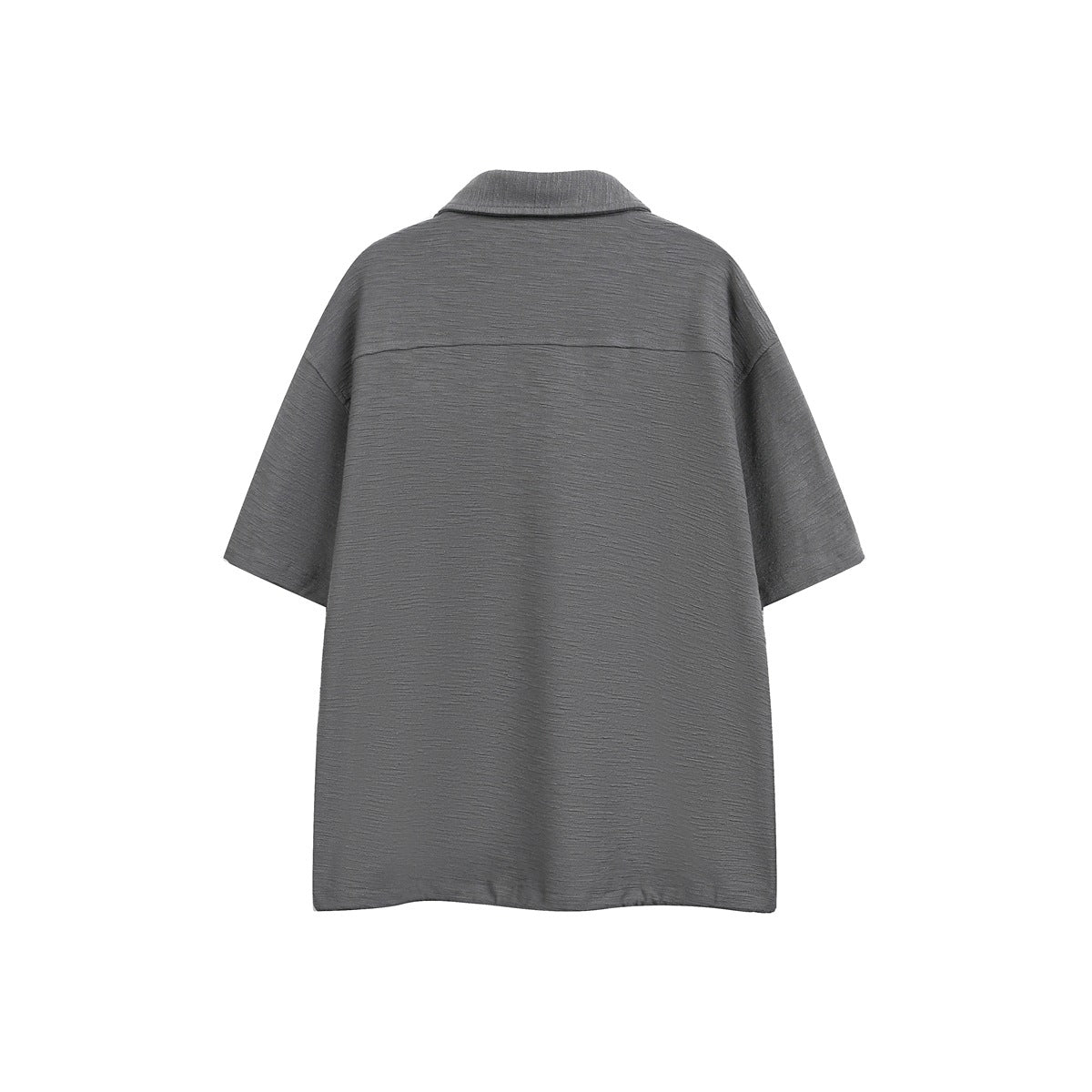 Back view of a charcoal gray short-sleeve collared shirt with a loose, straight fit.