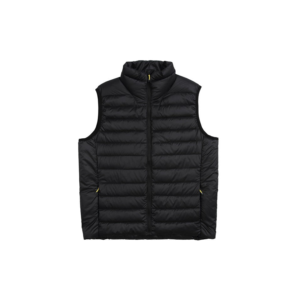 Black quilted puffer vest with stand collar, front zipper and yellow pull tabs, flat front view