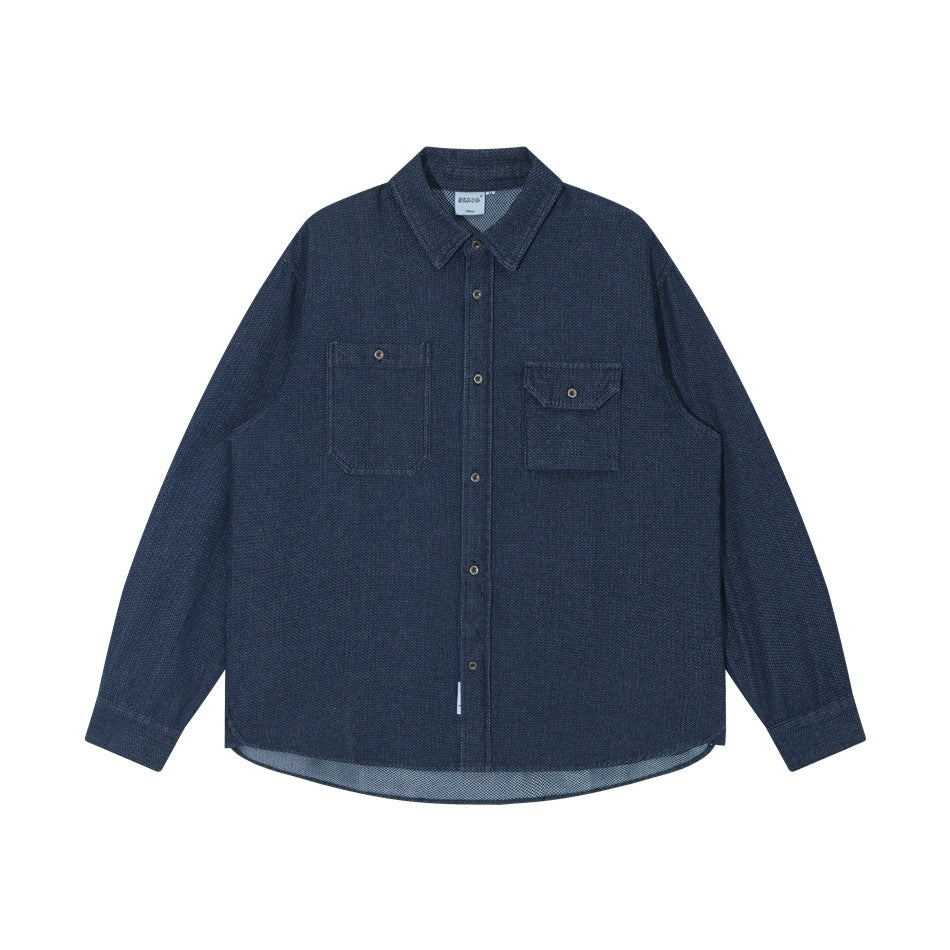Blue textured denim-look long-sleeve button-front shirt with two chest pockets, flat view