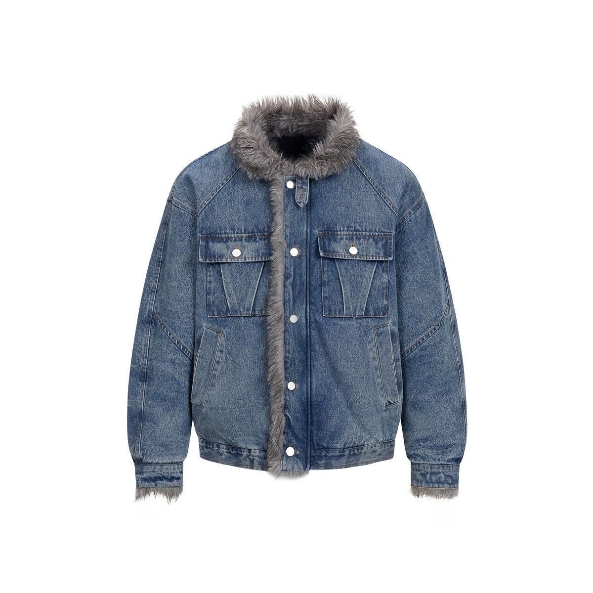 Front view of a blue denim jacket with gray faux-fur collar and trim, snap-button pockets, and long sleeves.