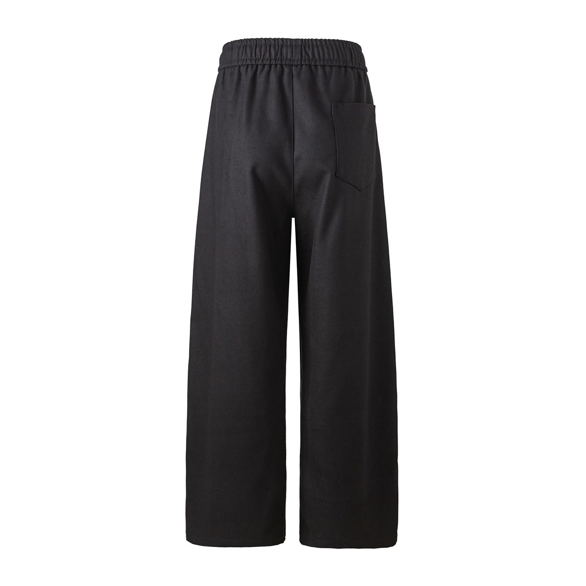 Back view of black wide-leg pants with an elastic waistband and a rectangular pocket.
