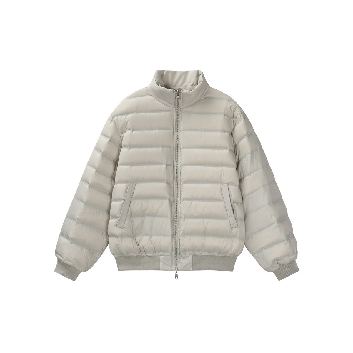 Front view of a light gray quilted jacket with a stand collar, full zipper, side pockets, and ribbed trim.