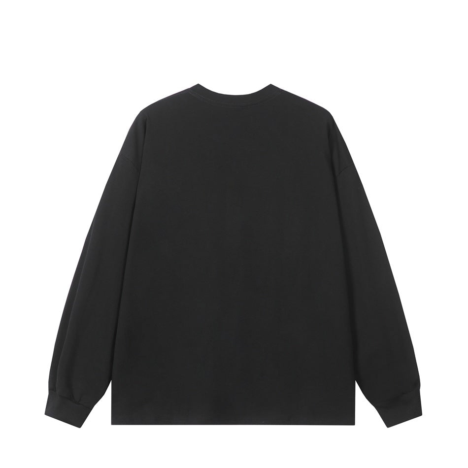 Plain black long-sleeve crewneck shirt shown from the back on a white background.