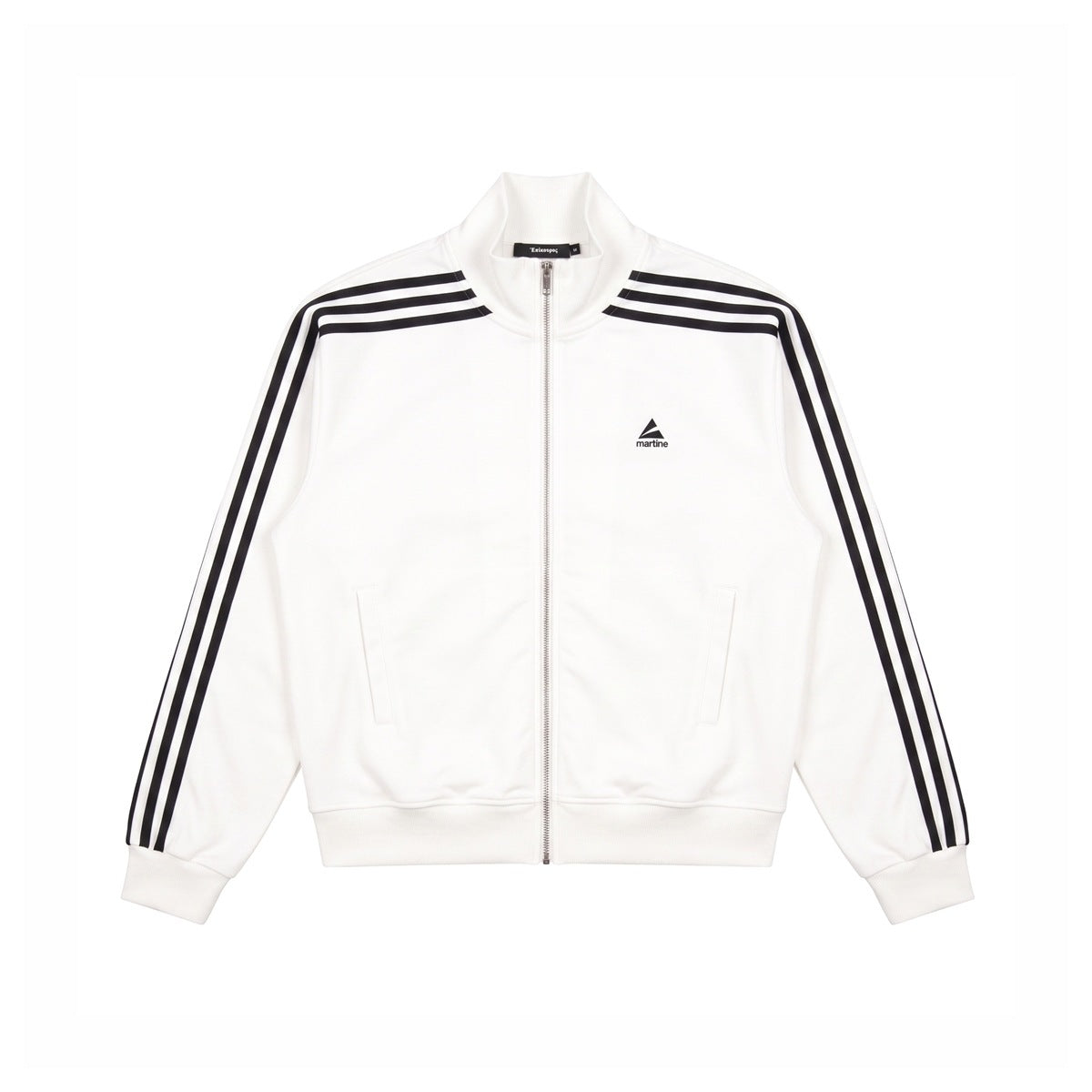 White zip-up track jacket with stand collar, black three-stripe sleeves, ribbed cuffs and hem, laid flat, front view