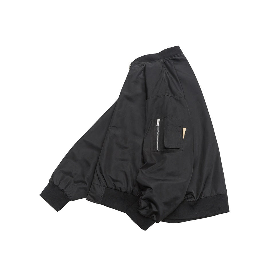 Black bomber-style jacket shown from the front, with ribbed collar, cuffs and hem, plus a zippered sleeve pocket.