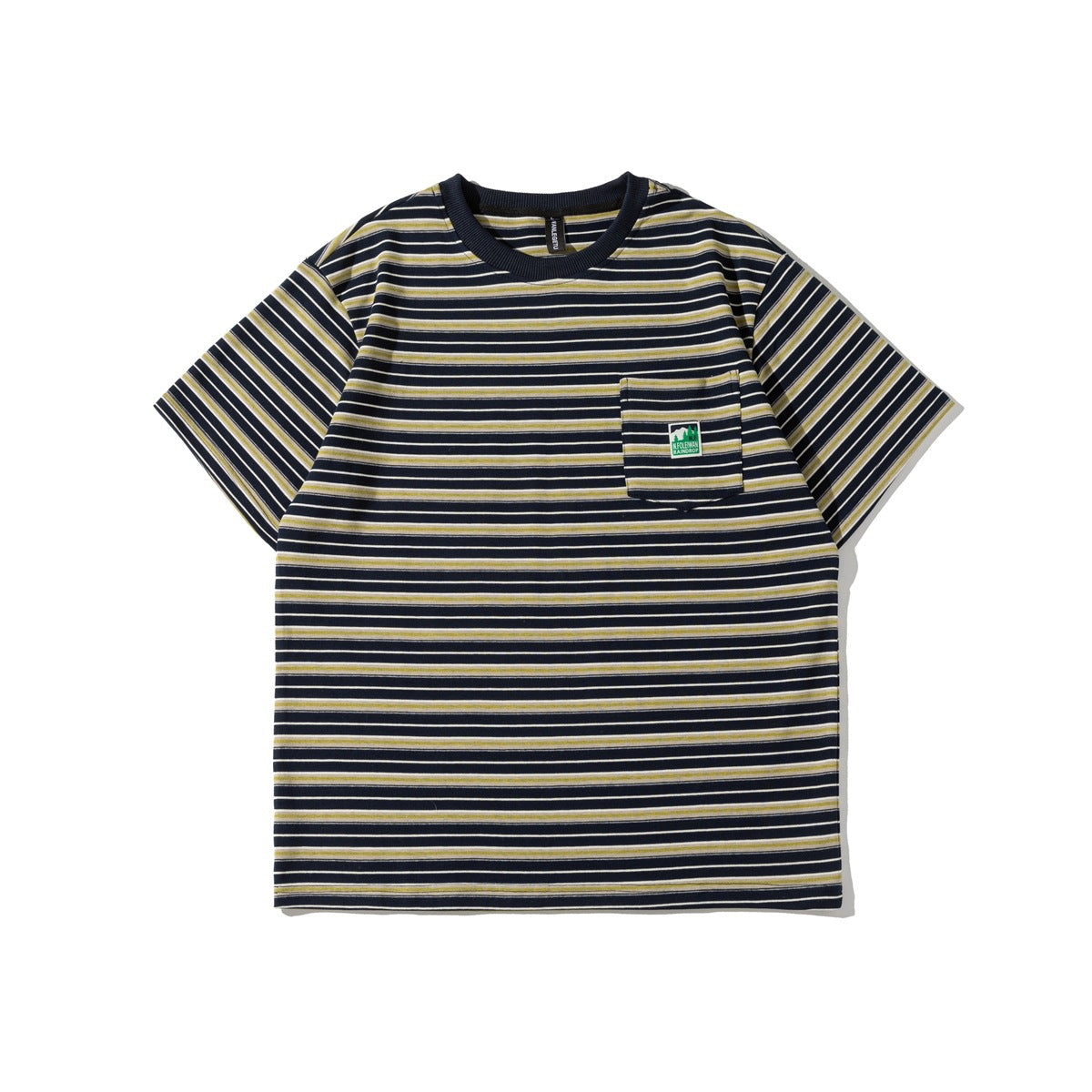 Navy and olive-yellow striped short-sleeve crew-neck T-shirt with chest pocket and green label, flat lay