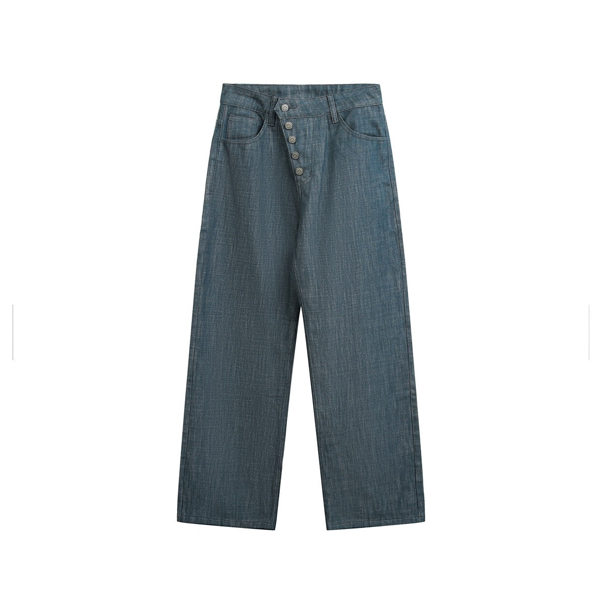 Blue-teal washed denim jeans flat lay with diagonal waistband and five exposed metal buttons