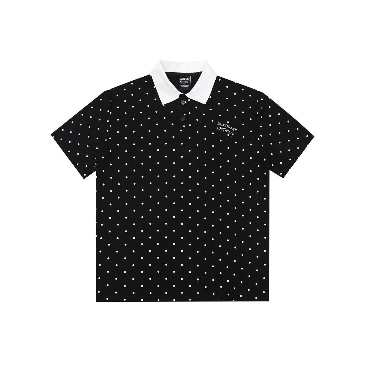 Front of black short-sleeve polo shirt with white polka dots, white collar, two buttons and small chest text