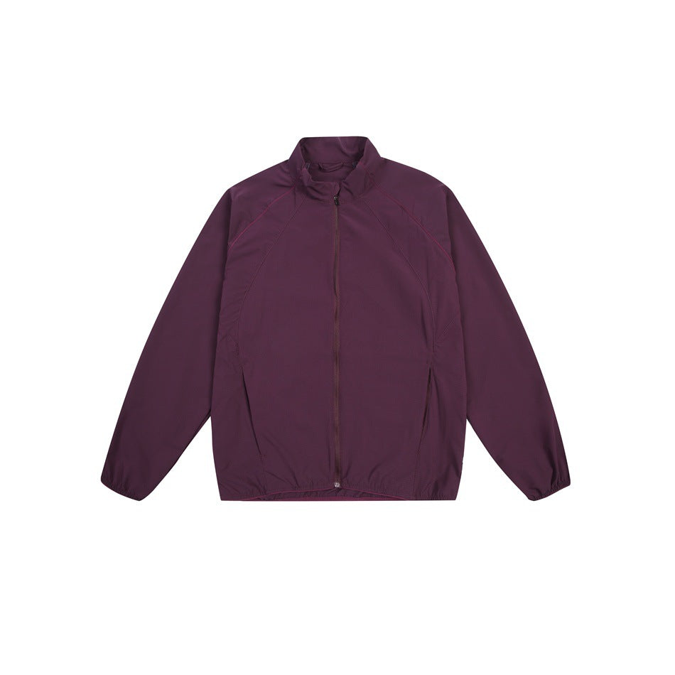 Plum purple zip-up stand-collar jacket with raglan sleeves and elastic cuffs, flat lay front view