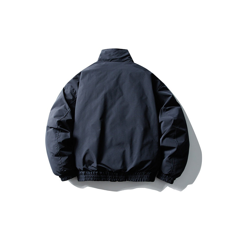 Back view of a navy blue padded stand-collar jacket with a plain back and elasticated hem and cuffs