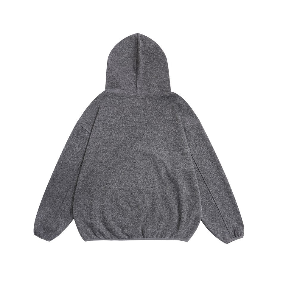 Back view of a gray heather hooded top with hood, drop shoulders and gathered cuffs and hem