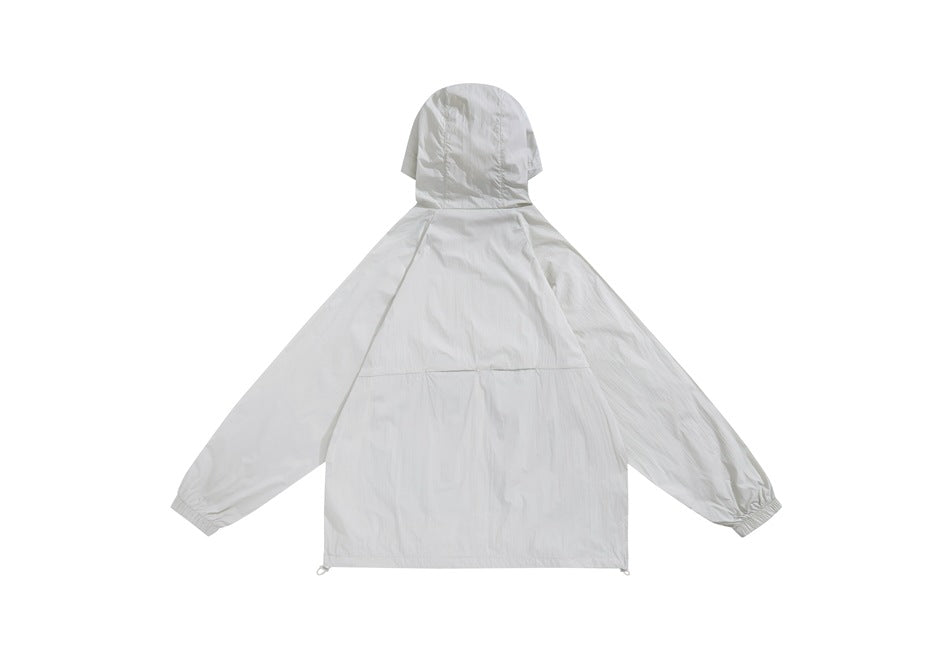 Back view of a white hooded jacket with long sleeves, gathered cuffs, and drawcords at the hem.