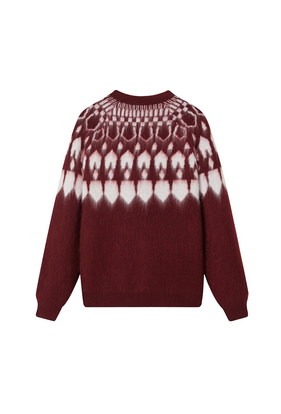 Back view of a burgundy crew-neck sweater with a white geometric yoke pattern and long sleeves.