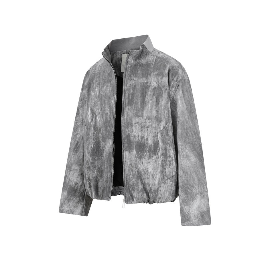 Front view of a gray mottled zip-front jacket with a stand collar, long sleeves and gathered hem.