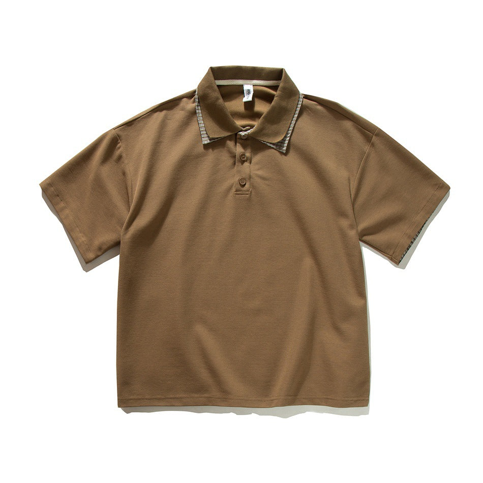 Coffee brown short-sleeve polo shirt, flat front view with plaid undercollar and three-button placket