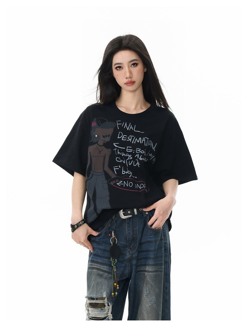 Model wearing an oversized black T-shirt with a large illustrated English text graphic on the front.