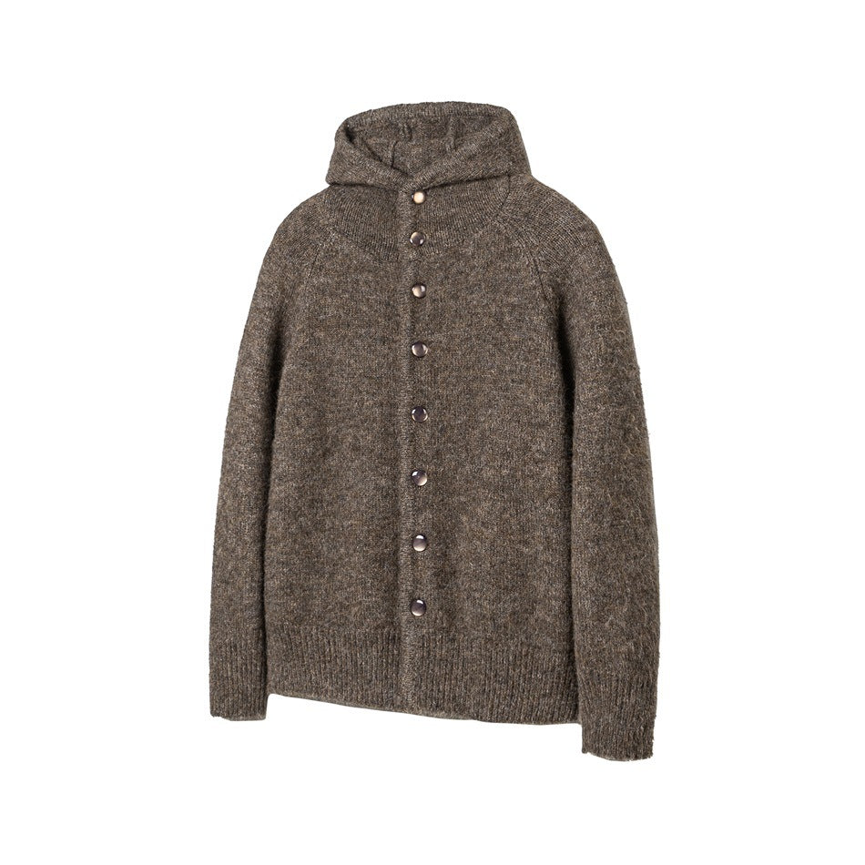 Front view of a brown long-sleeve knit hooded cardigan with a row of buttons and ribbed cuffs and hem.