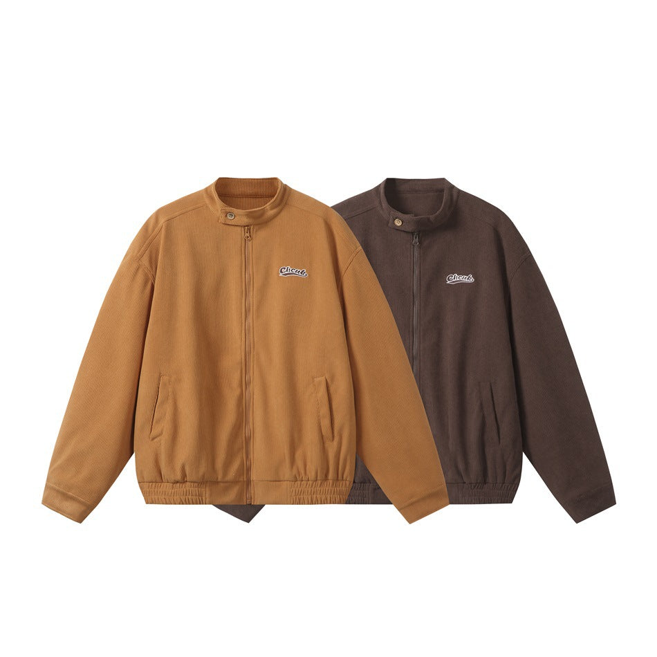 Two front-facing ribbed zip jackets in tan and dark brown, with stand collars, pockets, and elastic hems.