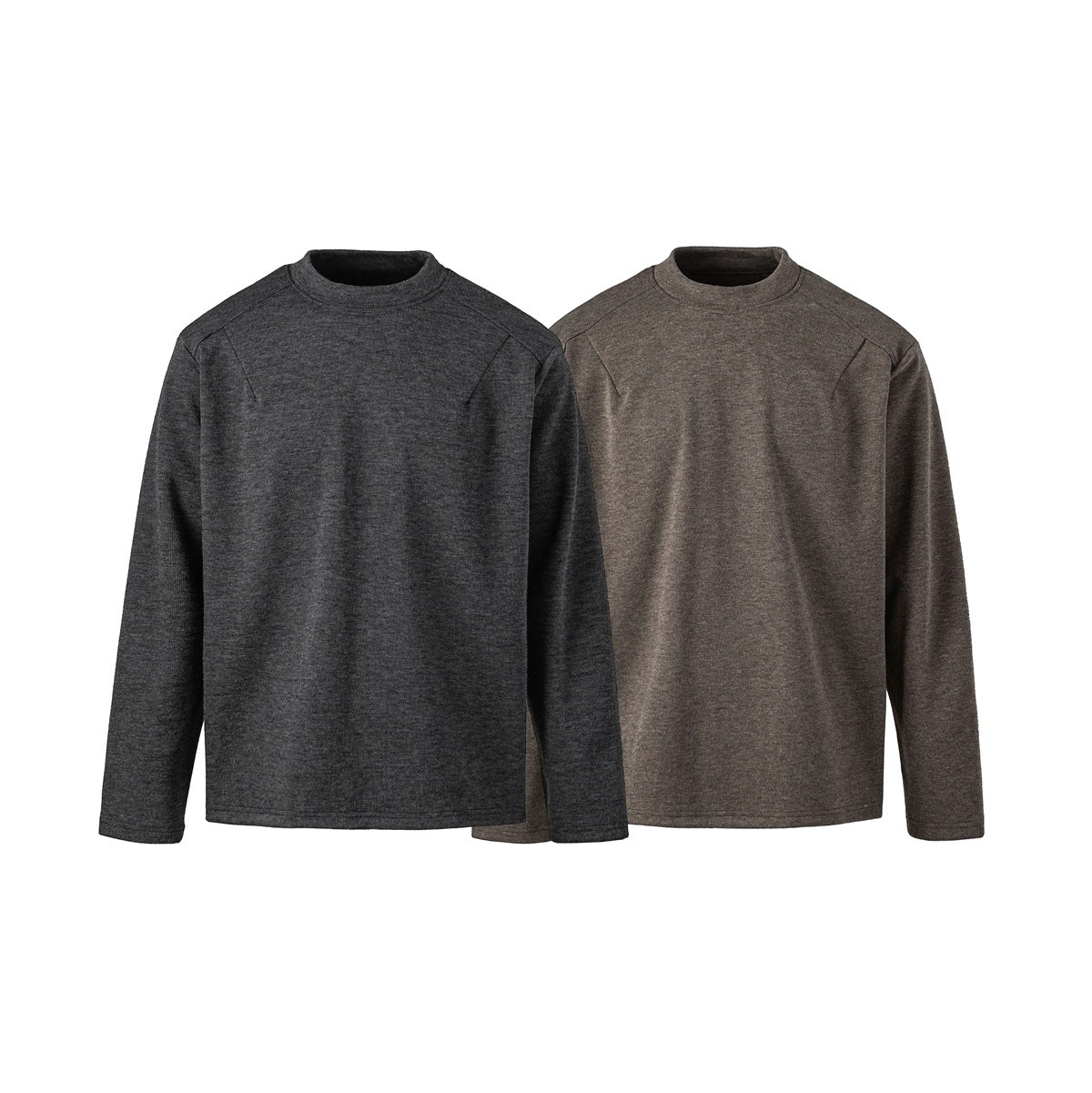 Two long-sleeve heathered mock-neck shirts shown from the front in charcoal and taupe.