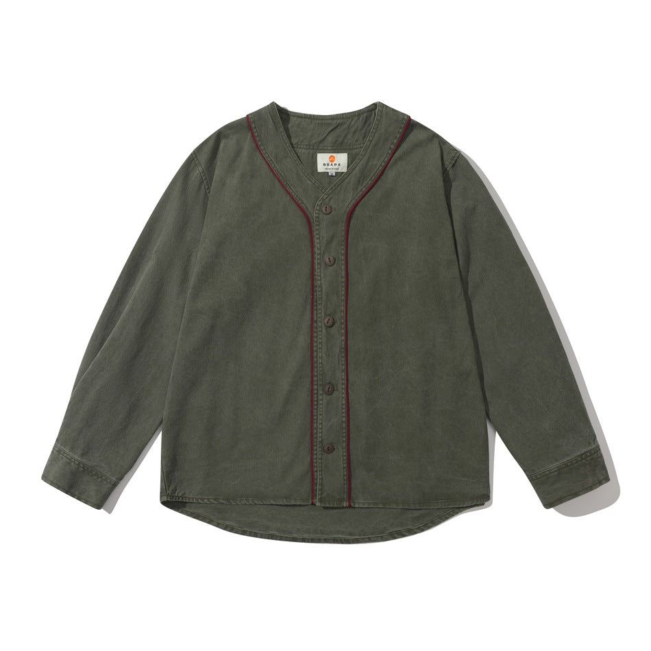 Green washed baseball-style button-front shirt with burgundy piping, flat lay front view
