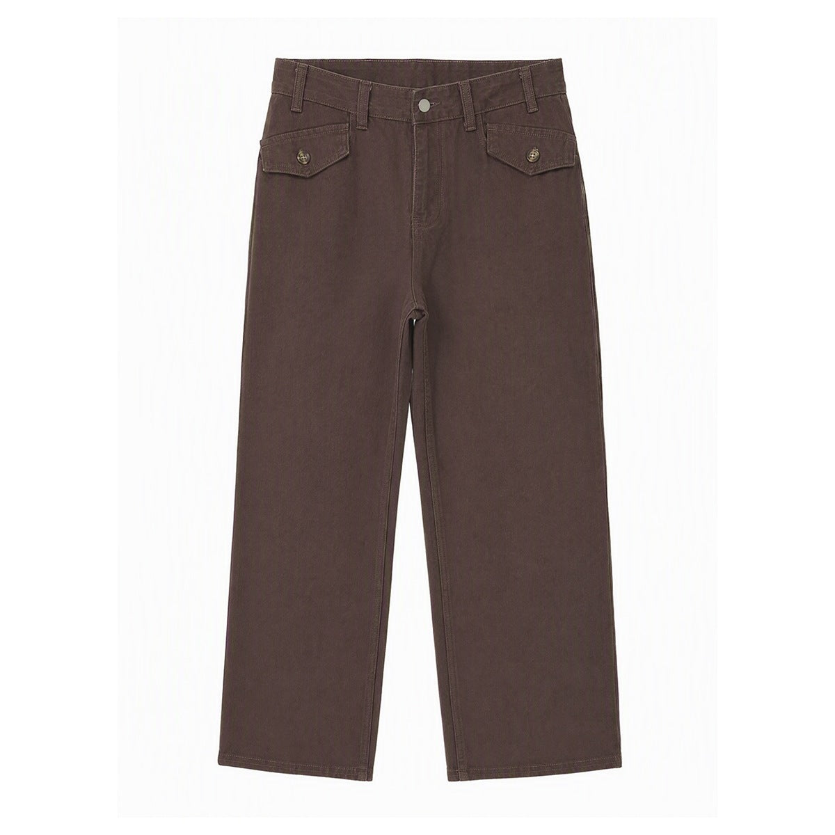 Brown straight-leg pants flat lay with zip fly, belt loops and two button-flap front pockets