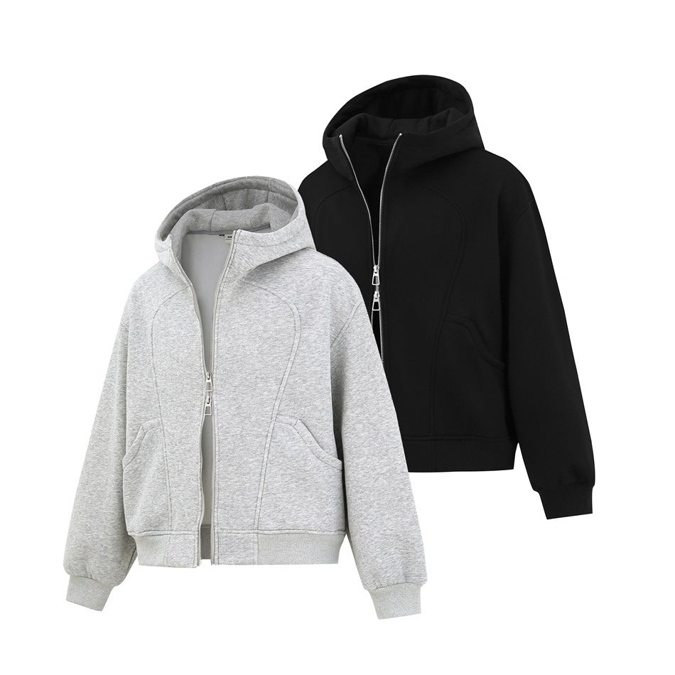 Light gray and black hooded zip-up jackets shown from the front, with pockets and ribbed cuffs.
