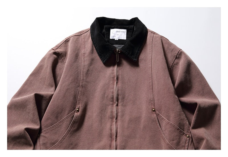 Front view of a mauve-brown jacket with a black collar, front zipper, and curved snap-pocket details.