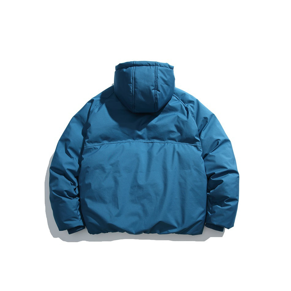 Back view of a blue hooded jacket with long sleeves and a horizontal seam across the upper back.
