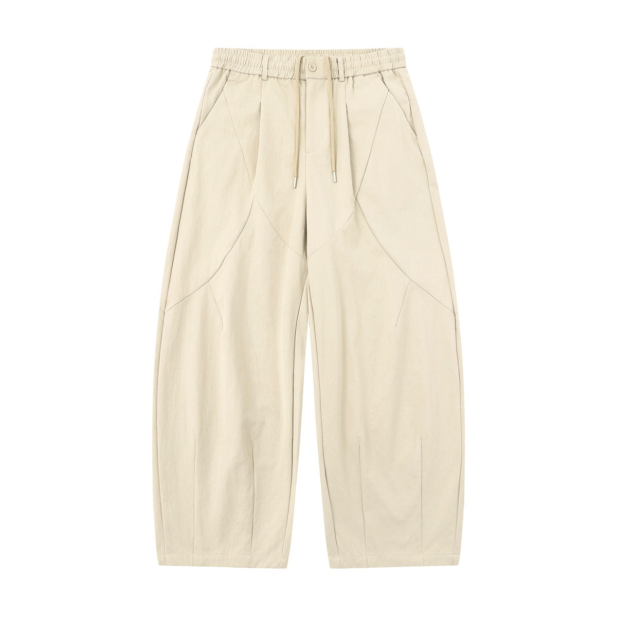 Apricot cream wide-leg pants with drawstring waist, curved seams and pleated hems, flat front view