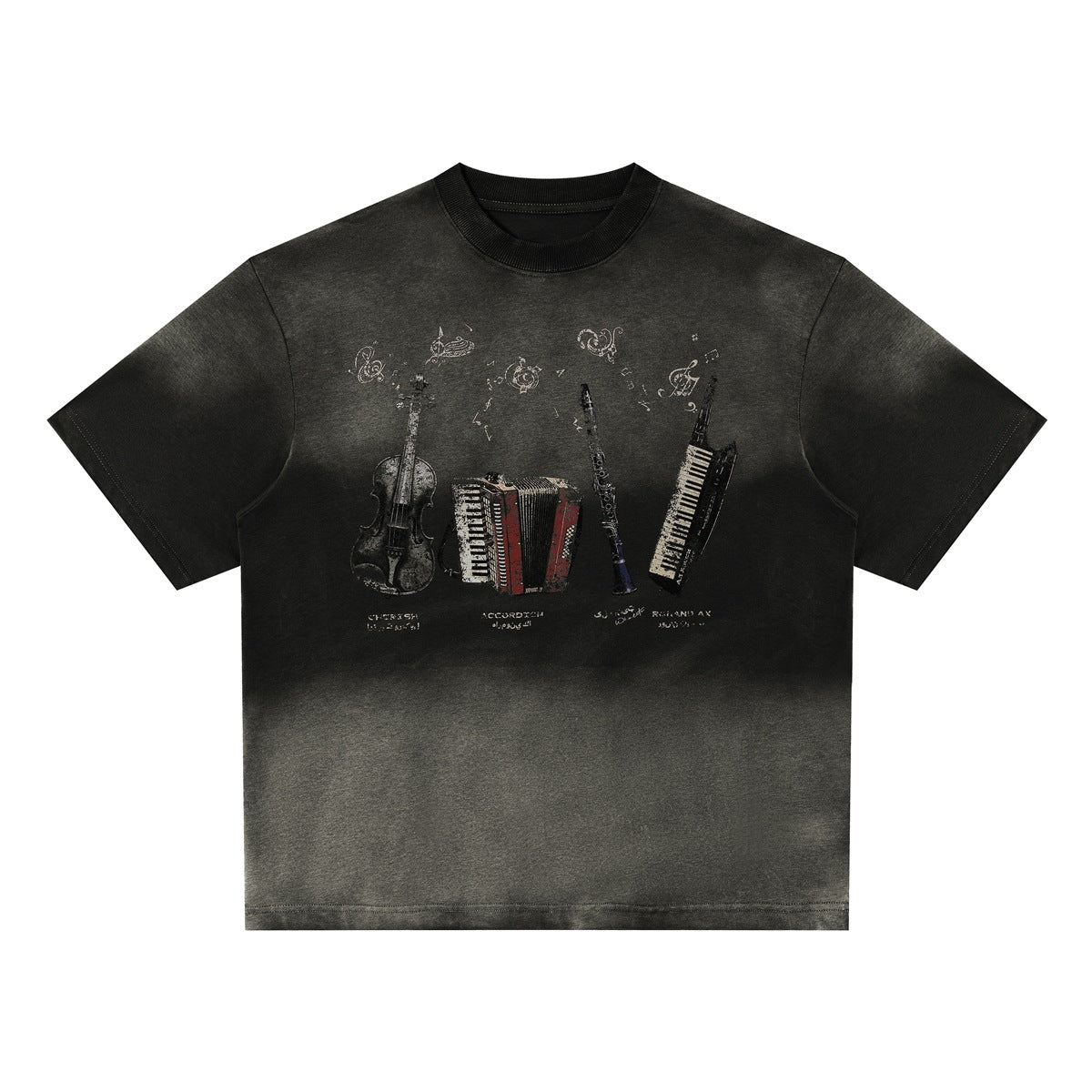 Black and gray faded short-sleeve crewneck T-shirt with violin, accordion, clarinet and keytar graphic on the chest