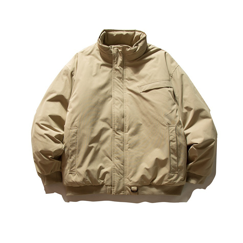 Khaki padded-look bomber jacket with stand collar, front zip and chest flap pocket, flat lay front view
