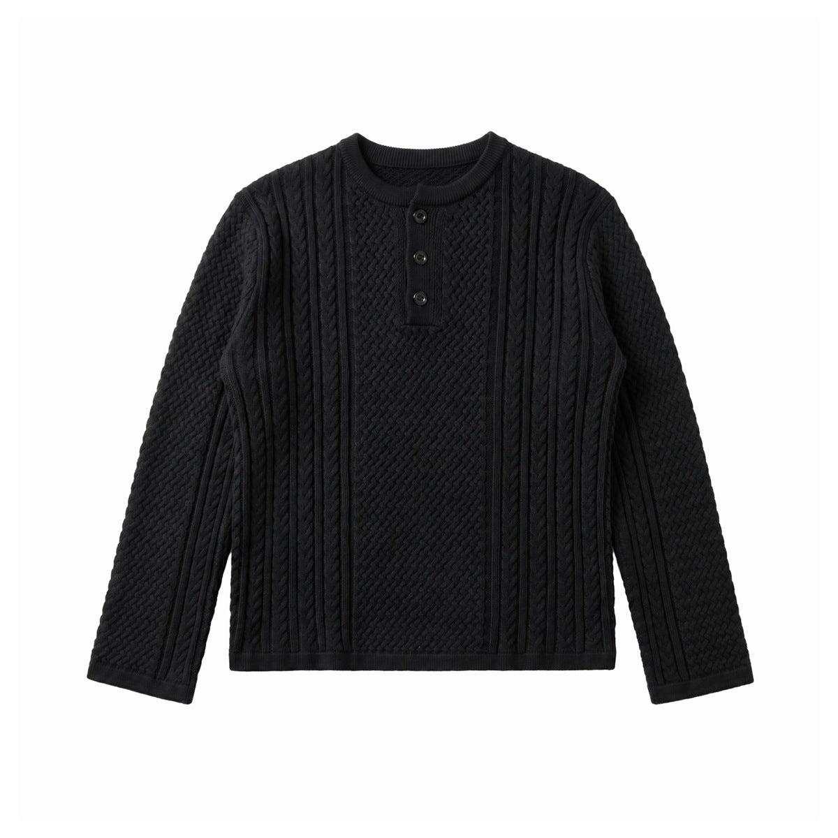 Black long-sleeve cable-knit Henley sweater with three black buttons, flat lay front view