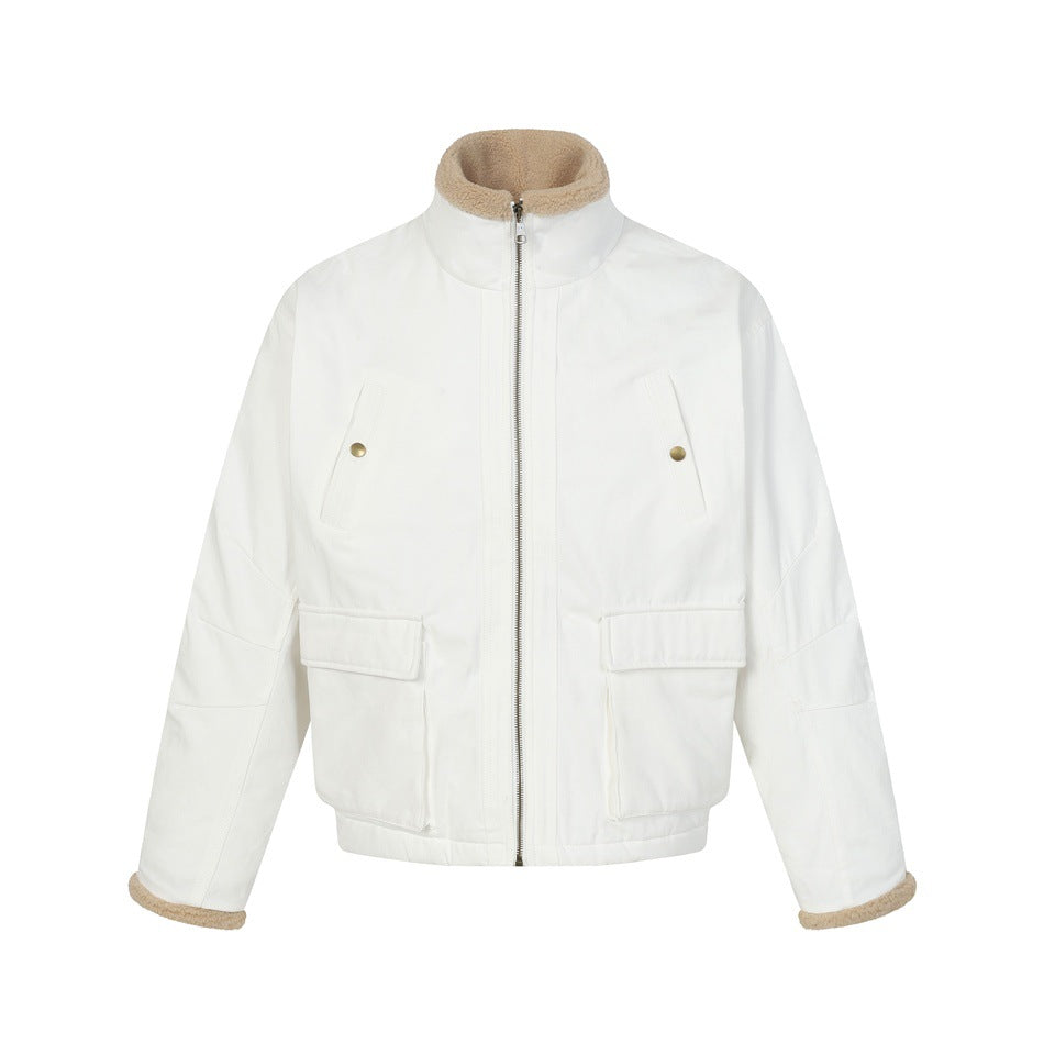 White zip-front stand-collar jacket with beige fleece-like collar and cuffs and two large flap pockets