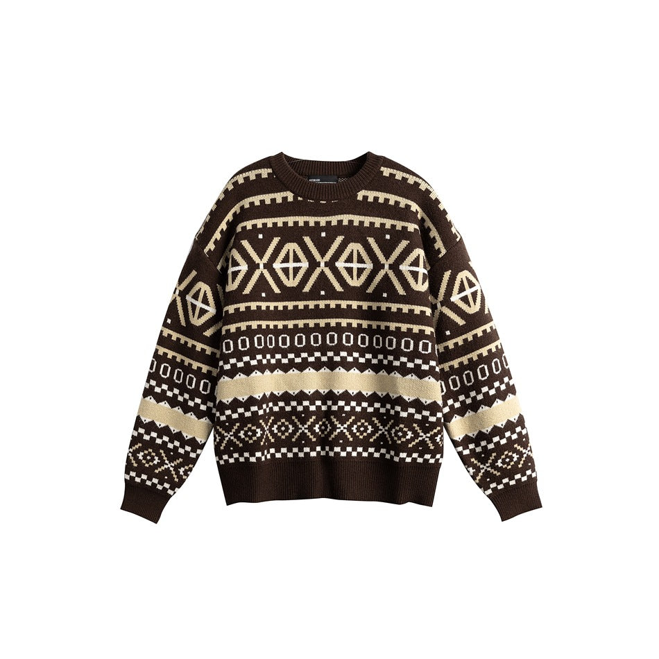Brown crew-neck jacquard sweater with beige and white Fair Isle-style geometric pattern, flat front view