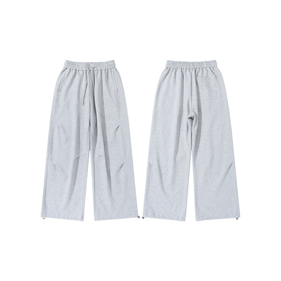 Light gray wide-leg sweatpants shown flat, front view beside the back view.